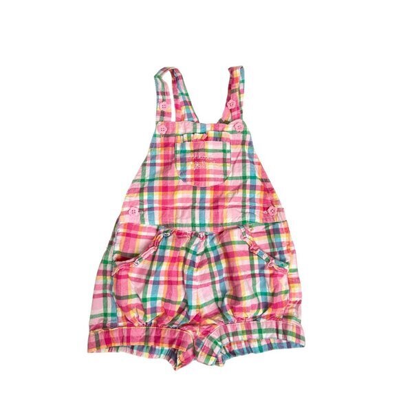 Vintage OshKosh BGosh Toddler Girls Pink Plaid Cotton Shortalls With Flower Butt - Picture 1 of 5